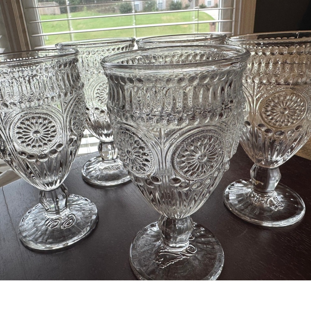 Pioneer Woman Adeline Goblets Set Of 5 Clear 12 Oz Embossed Floral Pressed Glass - Picture 3 of 7
